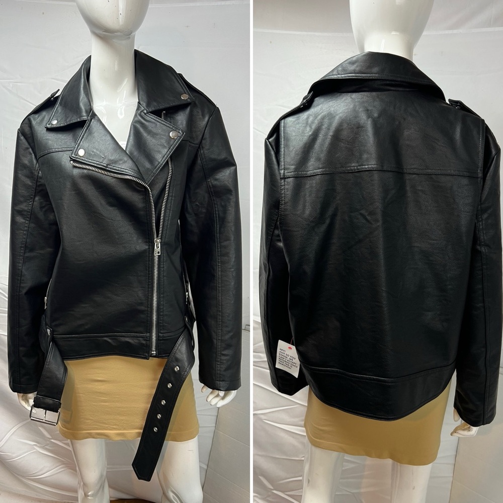 Topshop NWT Women's M Black Faux Leather Moto Biker Jacket Oversized